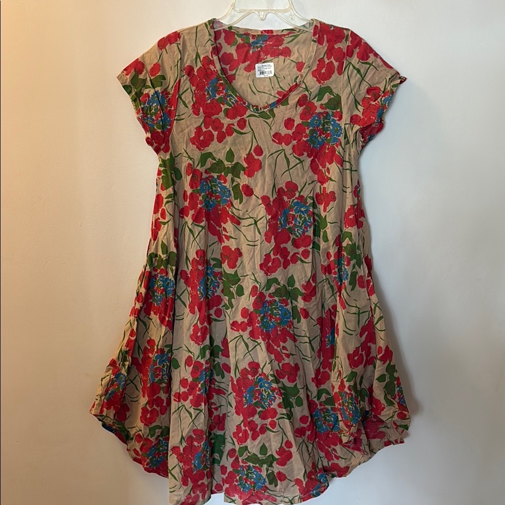 Floral cotton  Dress with Red and Green Accents